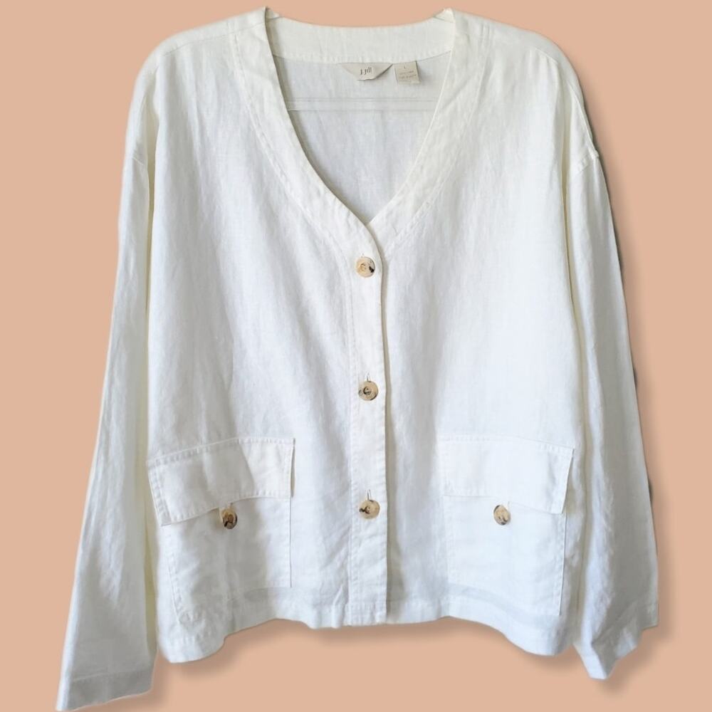 80s J Jill Linen Boxy Shacket L Oversize Ivory Lagenlook Coastal Cropped Cottage
